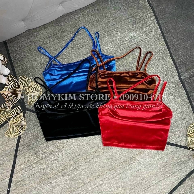 Áo 2 Dây Nhung Croptop Dây Chéo Ngực Nhún