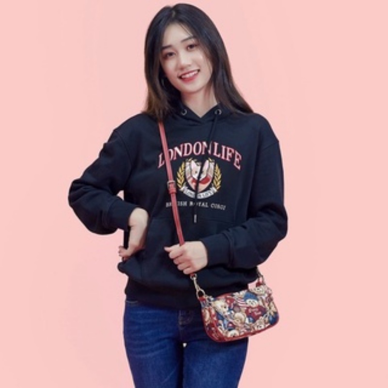Túi đeo dưới cánh tay SEAGLOCA bằng vải canvas họa tiết gấu đáng yêu cho nữ