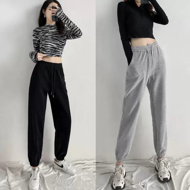 Quần nỉ nữ ống rộng jogger dây rút bo gấu dáng suông dài vải da cá màu xám đen - Quần thể thao nữ ống rộng mặc tập gym