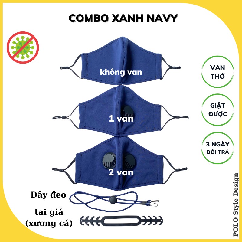 Combo Khẩu trang van thở + Dây đeo POLO Style - Dễ thở, đeo thoải mái không đau tai, sử dụng ít nhất 6 tháng