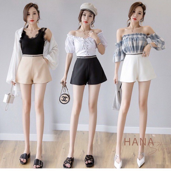 Quần short đùi nữ cá tính ngắn cạp lưng kim sa ôm mông vải màu Đen Trắng - Ống rộng vừa có túi - Mặc ở nhà đi biển làm