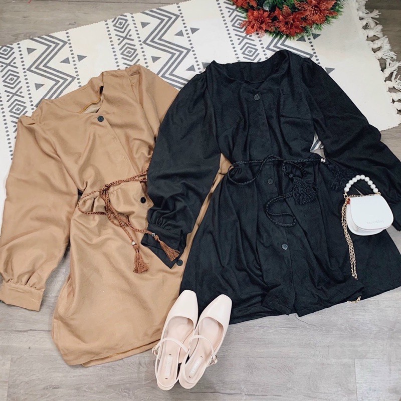 ĐẨM DOLL CỔ V NÂU - ĐEN |ko kèm belt|