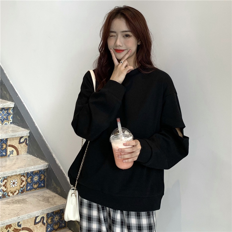 Theodora Áo Thun cotton Tay Dài Xẻ Tà Màu Đen/Tím/Xám Đơn Giản Phong Cách Hàn Quốc Thời Trang Dành Cho Nữ