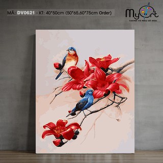 Tranh sơn dầu số hóa tự vẽ - Mã DV0621 Hoa gạo Tranh hoa cỏ đôi chim trang trí sang trọng