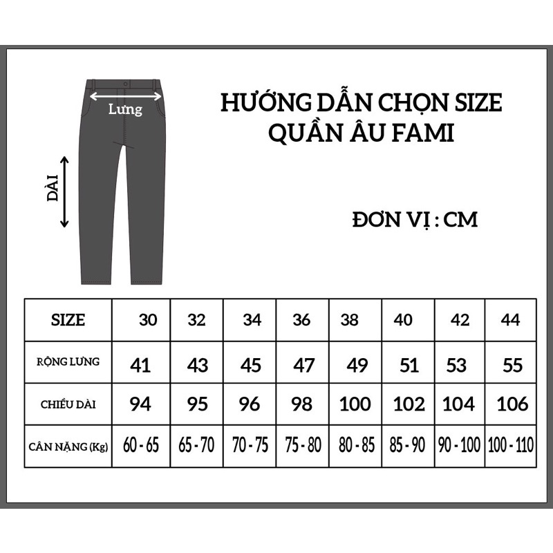 Quần âu Fami slimfit, có bigsize tới 42 120kg