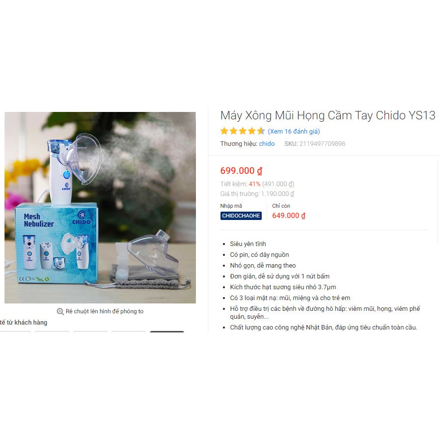 Máy Xông Mũi Họng Cầm Tay Chido YS13 - Hàng chính hãng