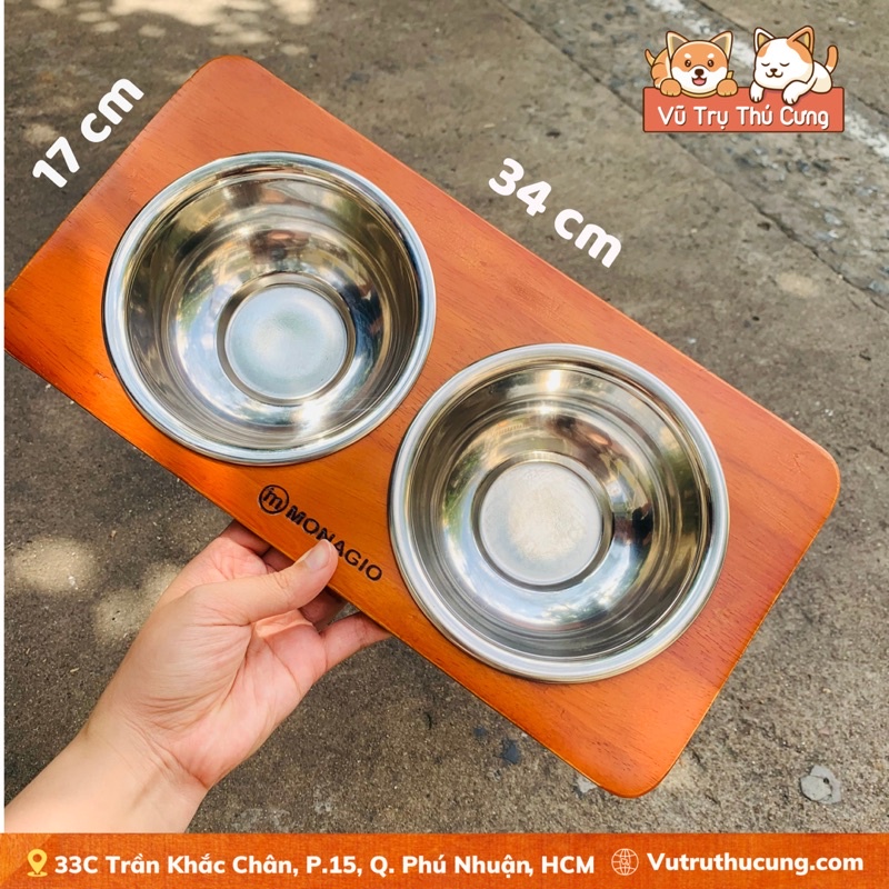 Bát ăn đôi cho Chó Mèo chống gù lưng, kèm 2 bát ăn inox, bát ăn gỗ tự nhiên