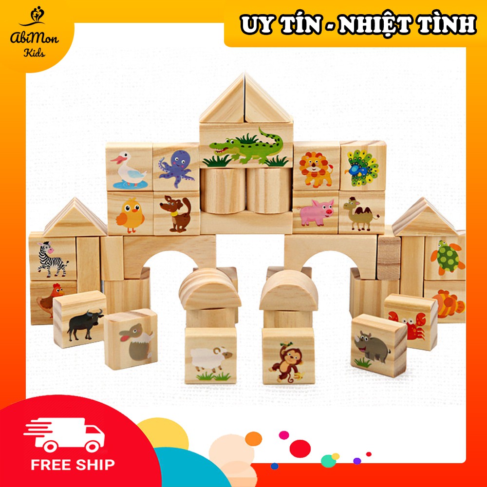 Bộ Xếp Hình Gỗ Xây Dựng Cho Bé (42 chi tiết) ☘️ Montessori cao cấp ✨ (Đồ chơi Gỗ - Giáo Dục - An toàn - Thông minh)