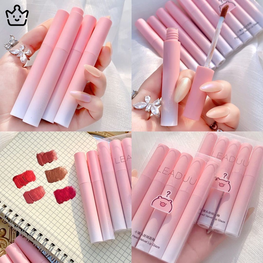 [Hàng mới về] Set 5 son kem lì họa tiết chú heo màu trắng LEADUU