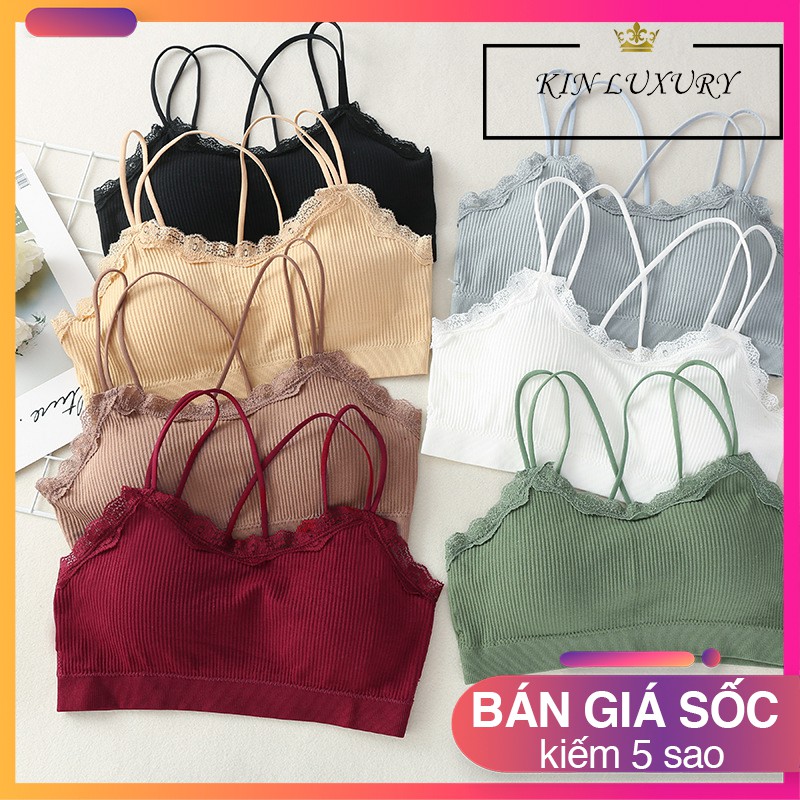 Áo bra nữ gân tăm phối ren hoa dây lưng đan chéo vải Cotton thoáng mát