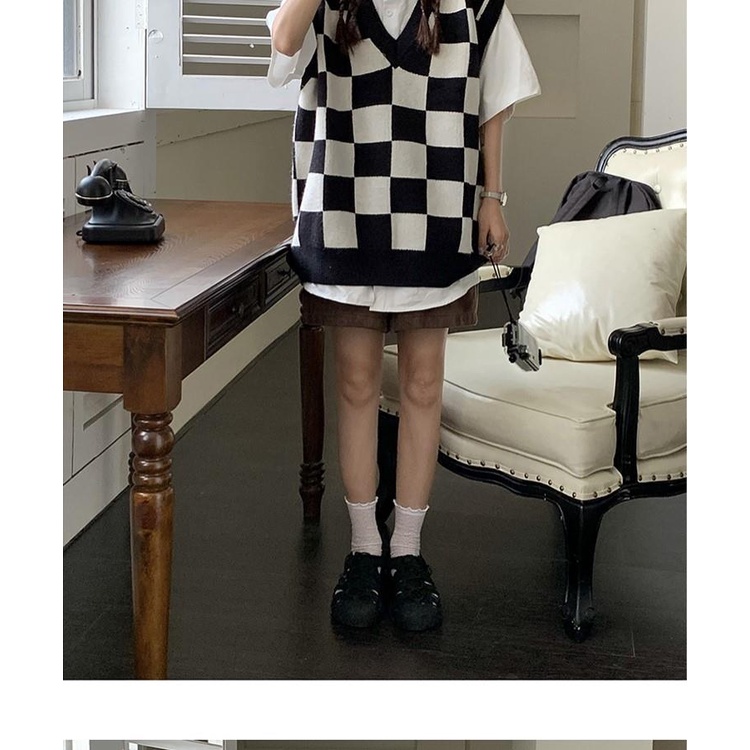 Áo len không tay cổ chữ V họa tiết caro thời trang dành cho nữ