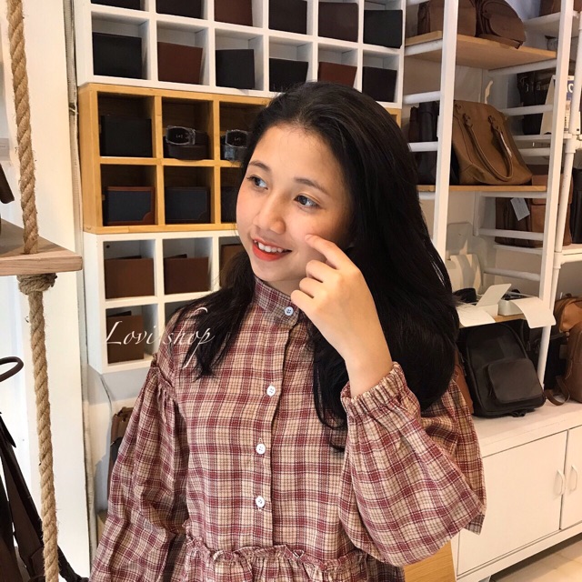 Đầm babydoll caro tay dài. 2 màu xinh