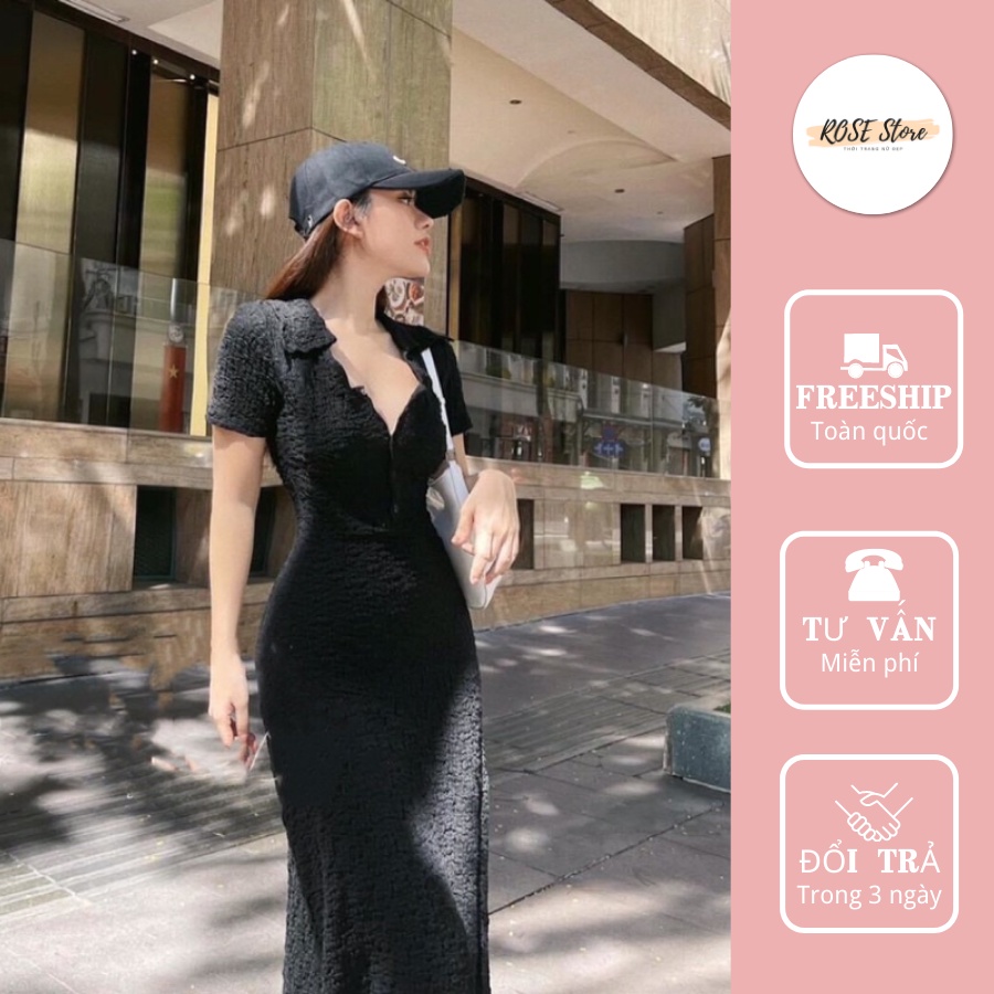 Váy body, đầm dài maxi xốp nhăn cổ bẻ size S M loại 1 - ROSE STORE
