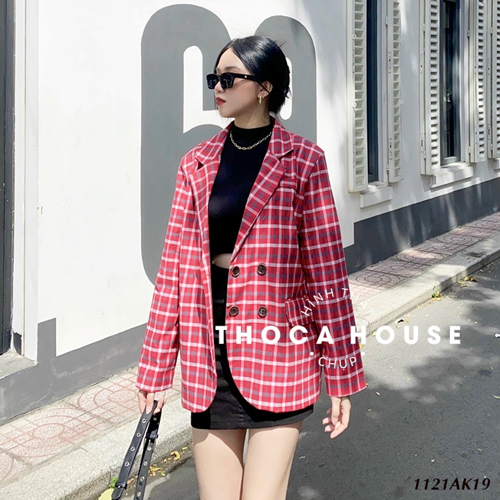 Áo blazer khoác vest công sở 2 lớp dày dặn túi nấp caro đỏ THOCA HOUSE nổi bật mặc đi làm, đi tiệc