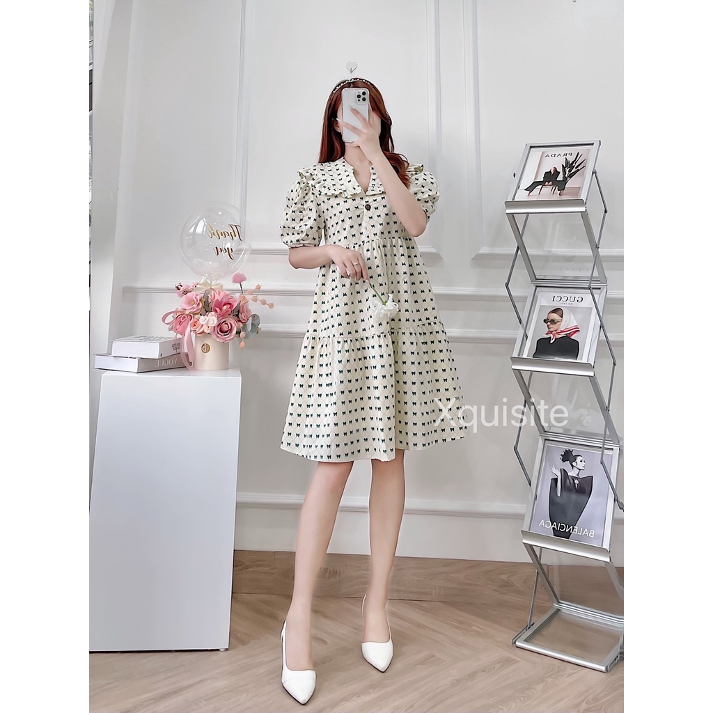 Váy baby doll có Big size 2 lớp cổ tàu khuyết chữ V họa tiết nơ màu be Xquisite V0020