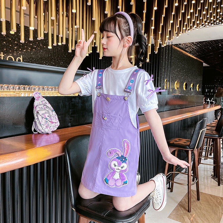 Set Áo Thun Ngắn Tay + Chân Váy Yếm Màu Tím Thời Trang Mùa Hè Cho Bé Gái