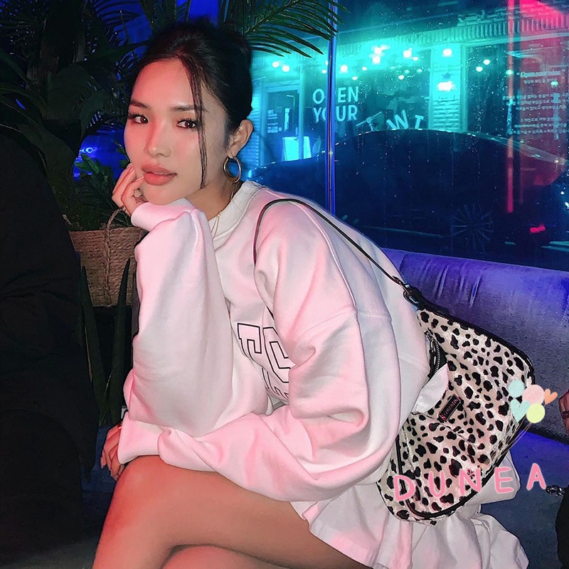 DUNEA Áo Sweater Cổ Tròn Dáng Rộng In Chữ Cá Tính Cho Bạn Gái