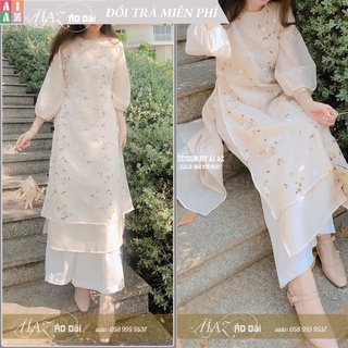 Áo Dài Cách Tân Nữ Tay Bồng Cổ Tròn Ren Hoa Nổi RC02