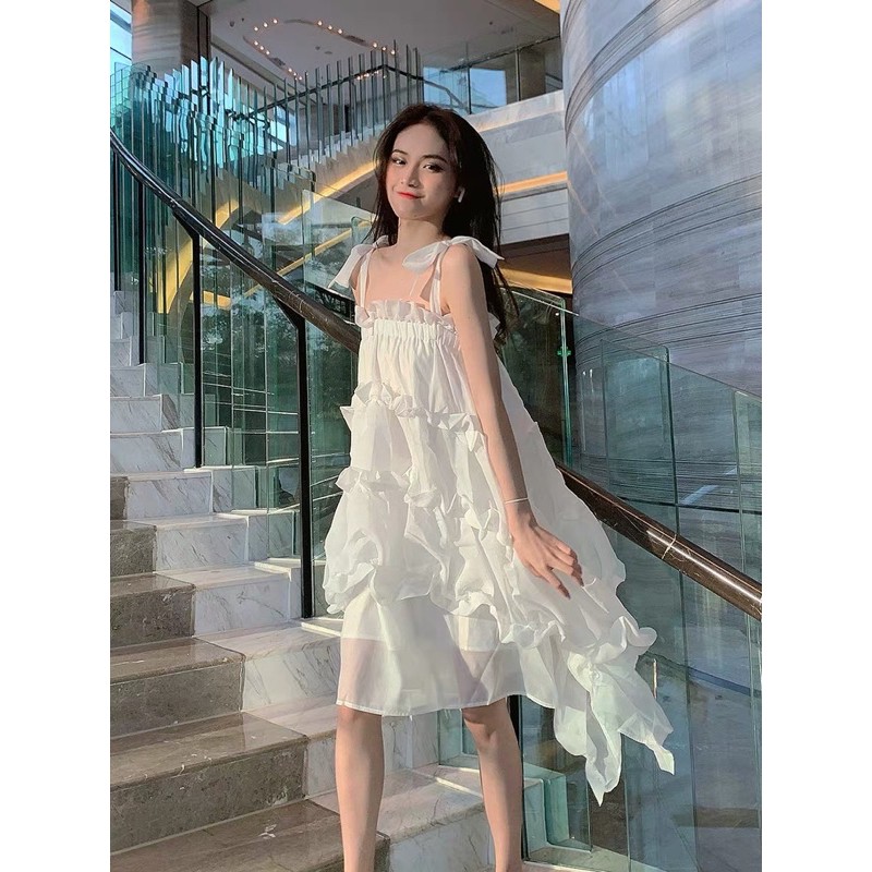 ORDERđầm maxi trắng 2 dây tầng bèo tiểu thư vintage công chúa siêu xinh|Đầm xoè babydoll bánh bèo đi biển