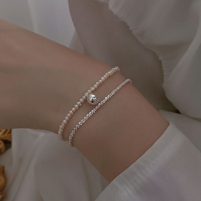 Vòng tay bạc nữ S925 - Lắc tay nữ bạc Ý 2 lớp hạt trai nhân tạo chuông nhỏ Aring sang trọng Zaza accessories