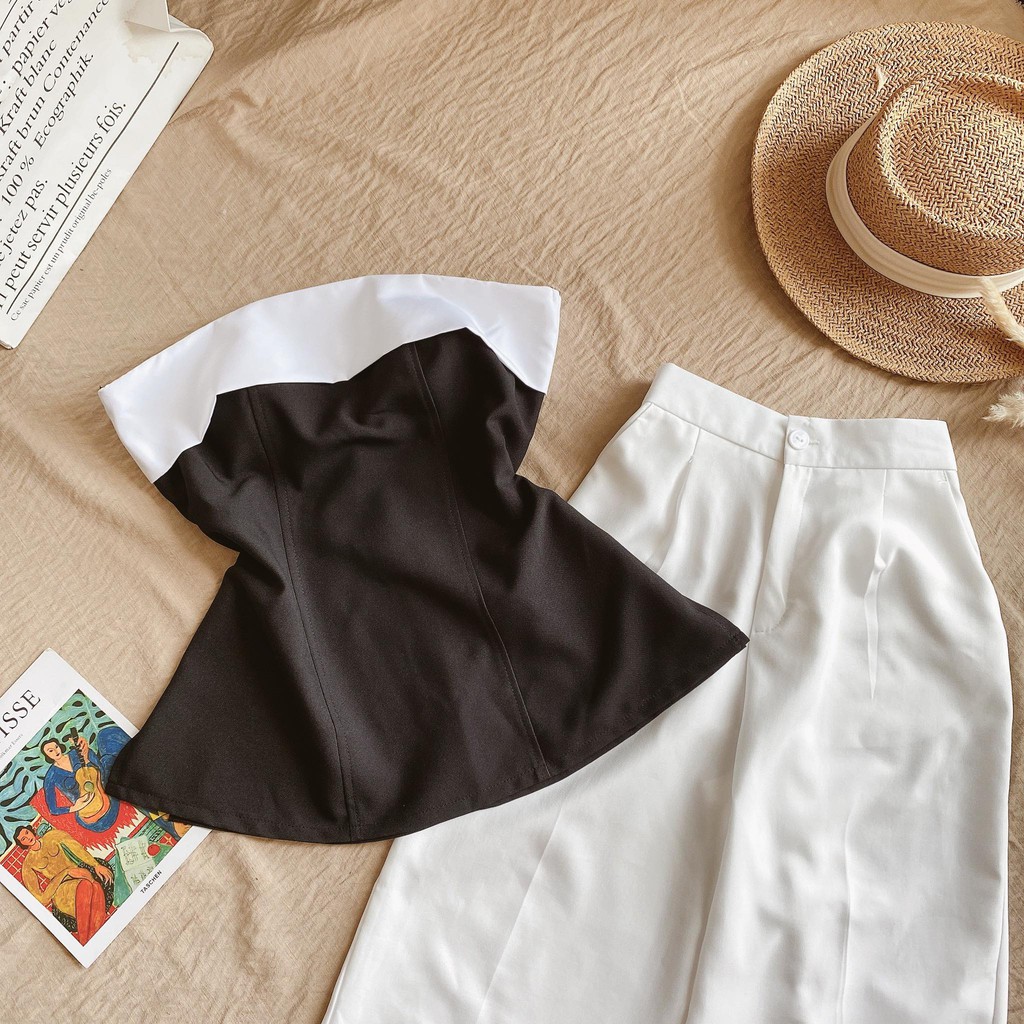 SET ÁO CÚP NGỰC ĐEN VIỀN TRẮNG XẺ TÀ + QUẦN SUÔNG | BigBuy360 - bigbuy360.vn