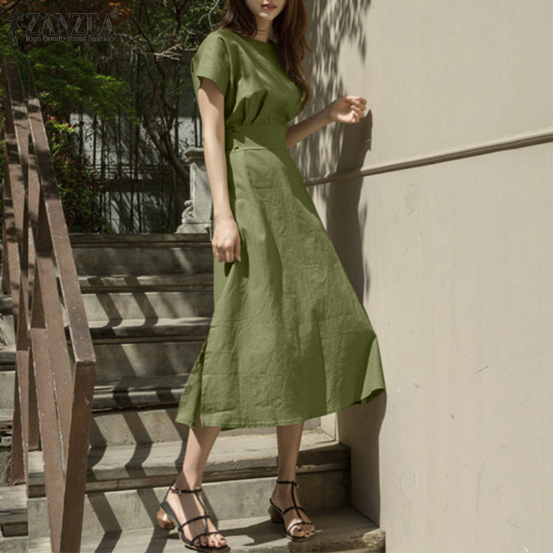 Đầm Dài ZANZEA Tay Ngắn Cổ Tròn Màu Trơn Có Dây Cột Và Khóa Kéo Phía Sau Dành Cho Nữ | BigBuy360 - bigbuy360.vn
