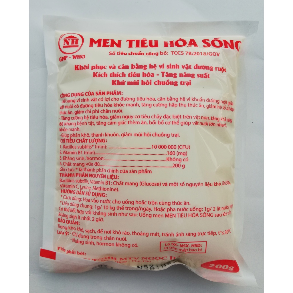 1 gói MEN TIÊU HÓA SỐNG 200g Cân bằng hệ vi sinh đường ruột, kích thích têu hóa, tăng năng suất, khử mùi hôi chuồng trại