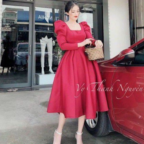 Váy dự tiệc cổ vuông tay dài xoè phồng Poly- hình thật trải sàn | BigBuy360 - bigbuy360.vn