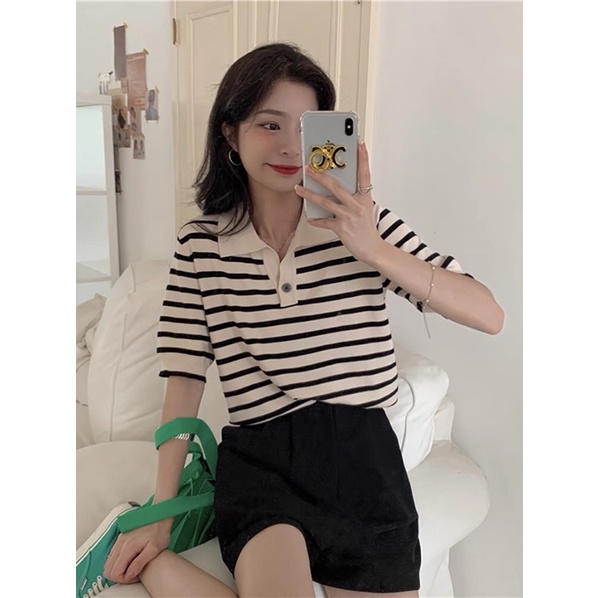 Áo thun sọc phụ nữ mùa thu Áo sơ mi POLO 2021 mới mỏng băng lụa dệt kim hoang dã lỏng tay ngắn áo sơ mi mỏng