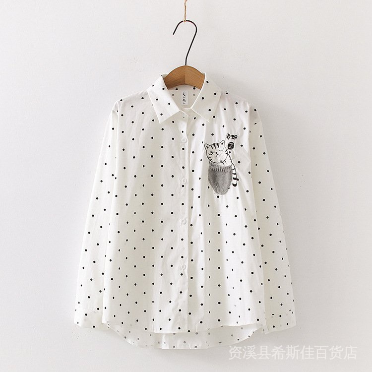Áo Sơ Mi Cotton Dài Tay Dáng Rộng Thêu Họa Tiết Mèo Hoạt Hình Phong Cách Nhật Bản Cho Nữ