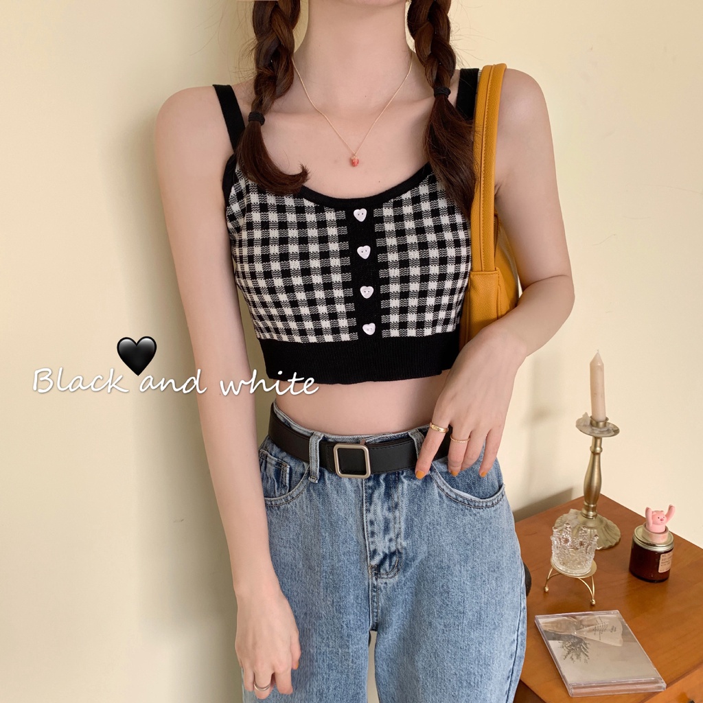 Áo croptop WANGJIAOZHAN kẻ sọc caro cổ điển sành điệu