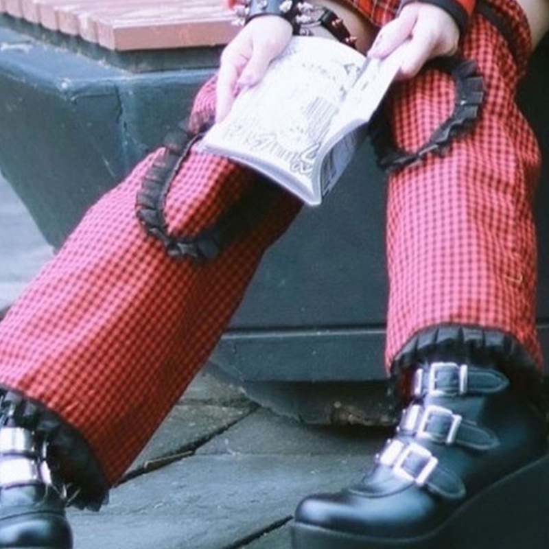 Xixi Quần Baggy Ống Rộng Phối Ren Họa Tiết Kẻ Sọc Phong Cách Gothic Punk Giữ Ấm Chân Có Khóa Hình Trái Tim Phối Dây Thắt Lưng Harajuku Dành