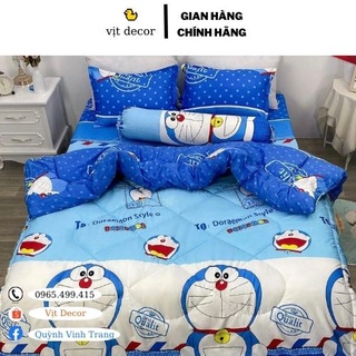 Bộ 5 món chăn phao đô rê mon cotton poly, set 5 món chăn phao doremon miễn phí bo chun ga giường