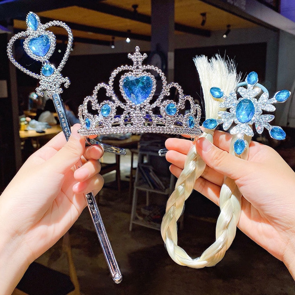 Bộ Phụ Kiện Tóc + Vương Miện + Đũa Thần Của Disney Elsa Cho Bé Gái