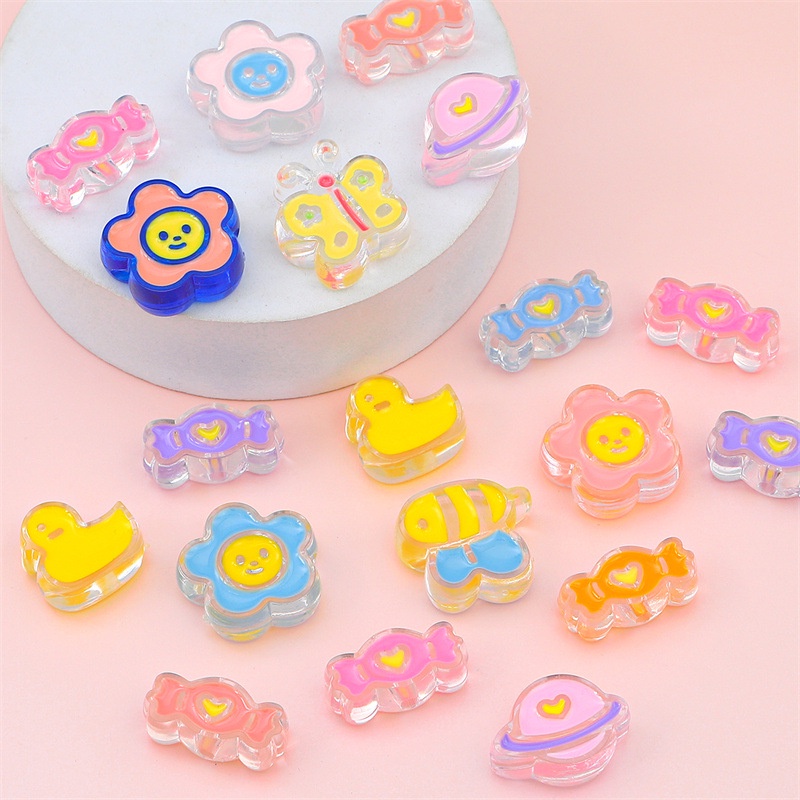 Set 4 / 10 Hạt Nhựa Acrylic Trong Suốt Hình Hoa / Gấu / Cherry Tự Làm Trang Sức