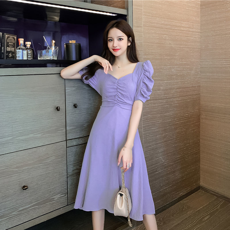 Đầm Nữ Tay Phồng Cổ Chữ V Màu Trơn Thời Trang