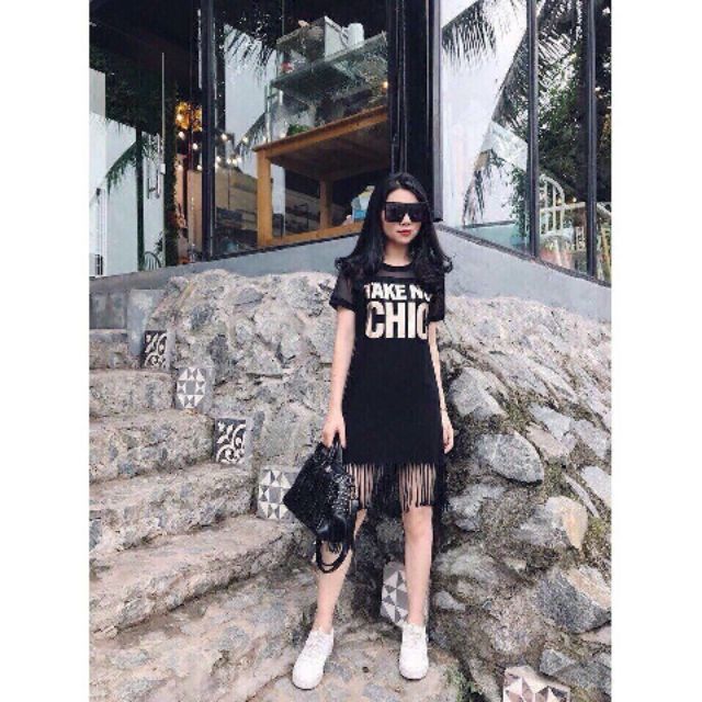 Đầm suông tay con tua rua