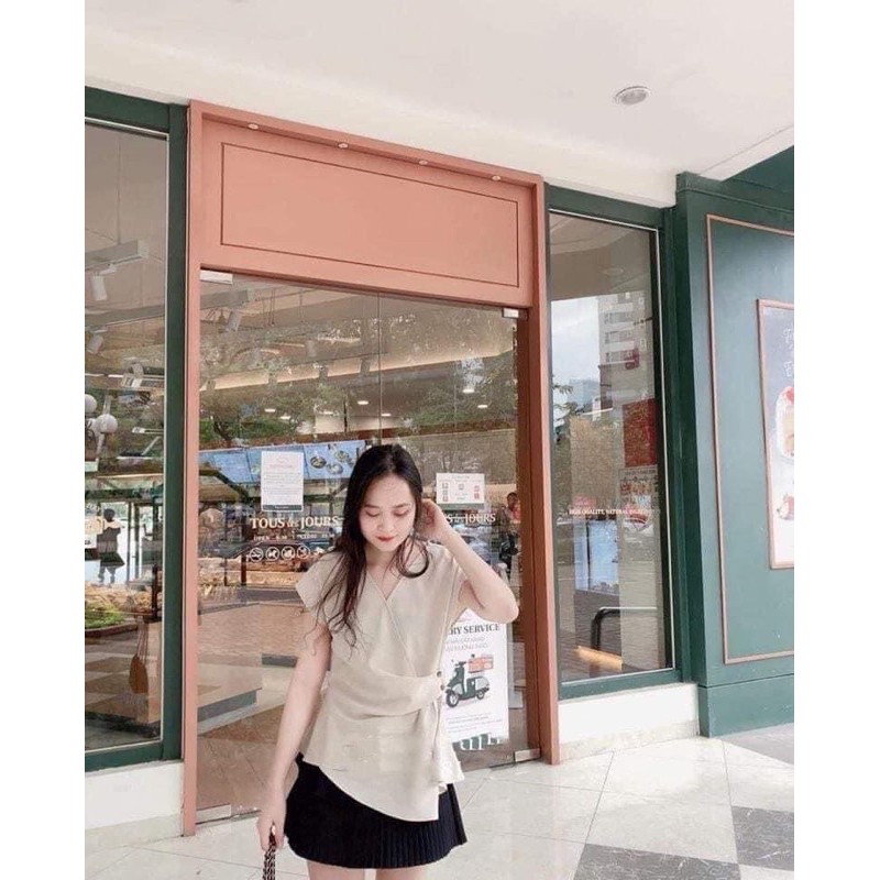 KÈM ẢNH THẬTÁO SƠ MI LỤA BE CỔ V Vạt chéo cúc hông