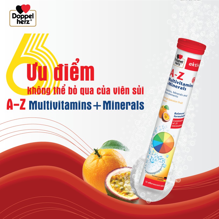 Viên sủi bổ sung 21 Vitamin và khoáng chất Doppelherz A-Z Fizz Multivitamins and Minerals (Tuýp 13v)