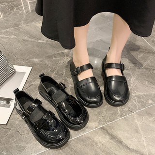 (ORDER) Giày ulzzang nữ bóng quài cài ngang mũi tròn đen nhám và đen bóng