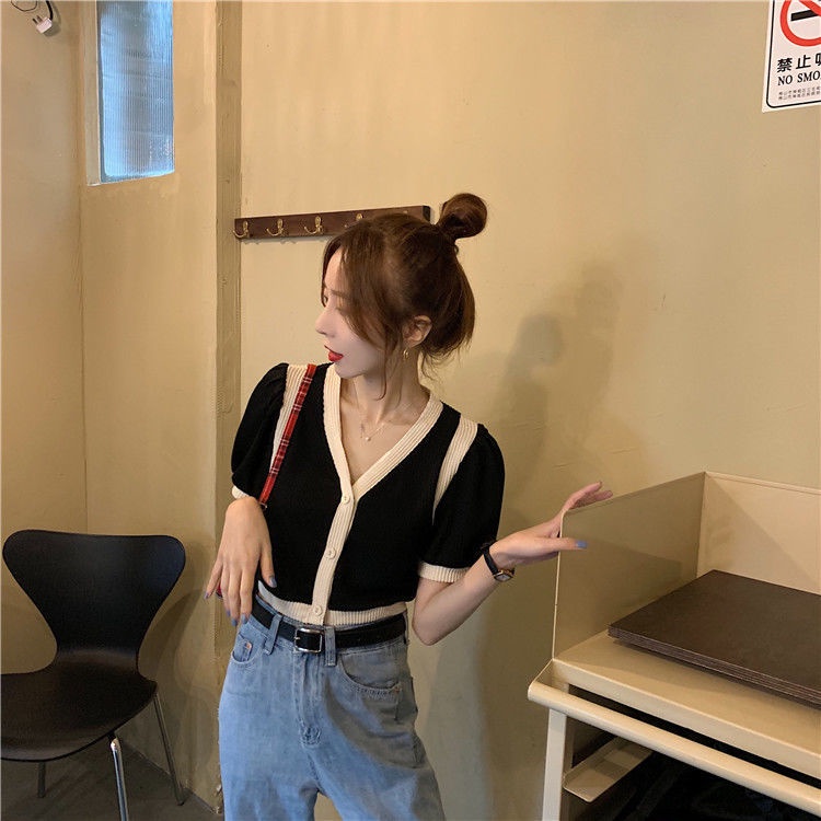 Áo cardigan dệt kim tay ngắn cổ chữ V phối màu tương phản phong cách Hàn Quốc thời trang mùa hè 2020 mới cho nữ | BigBuy360 - bigbuy360.vn