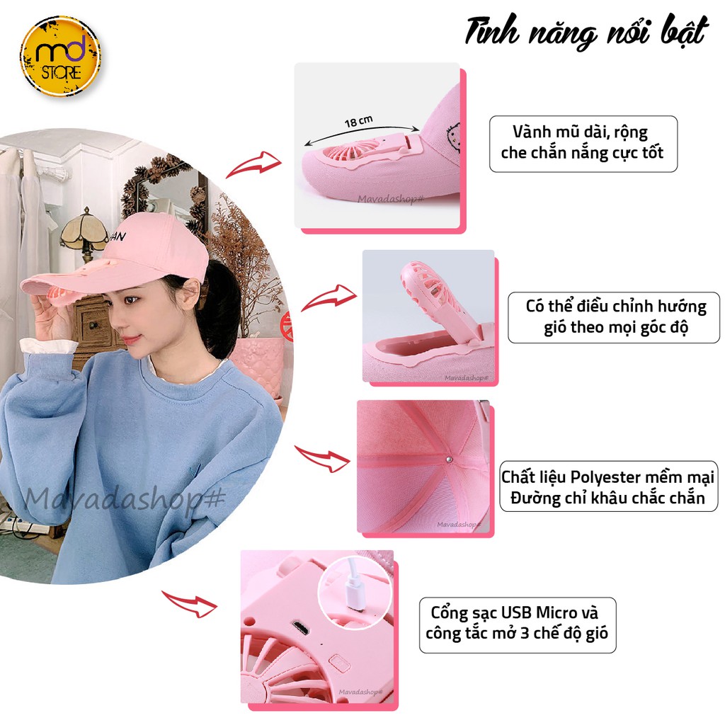 Mũ lưỡi chai tích hợp quạt sạc mini làm mát, 3 chế độ gió - hottrend mùa hè