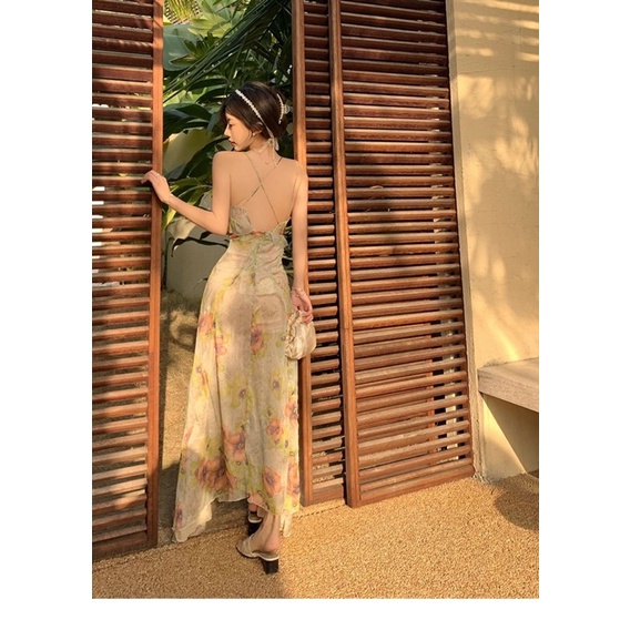 Đầm váy maxi xẻ đùi hoạ tiết nhiệt đới tropical đầm dây hở lưng đi biển