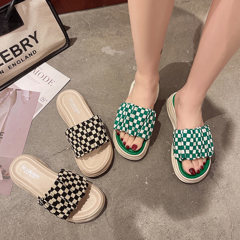 Oeggeo shop Dép Đế Dày Sọc Ca Rô Thời Trang Cho Nữ