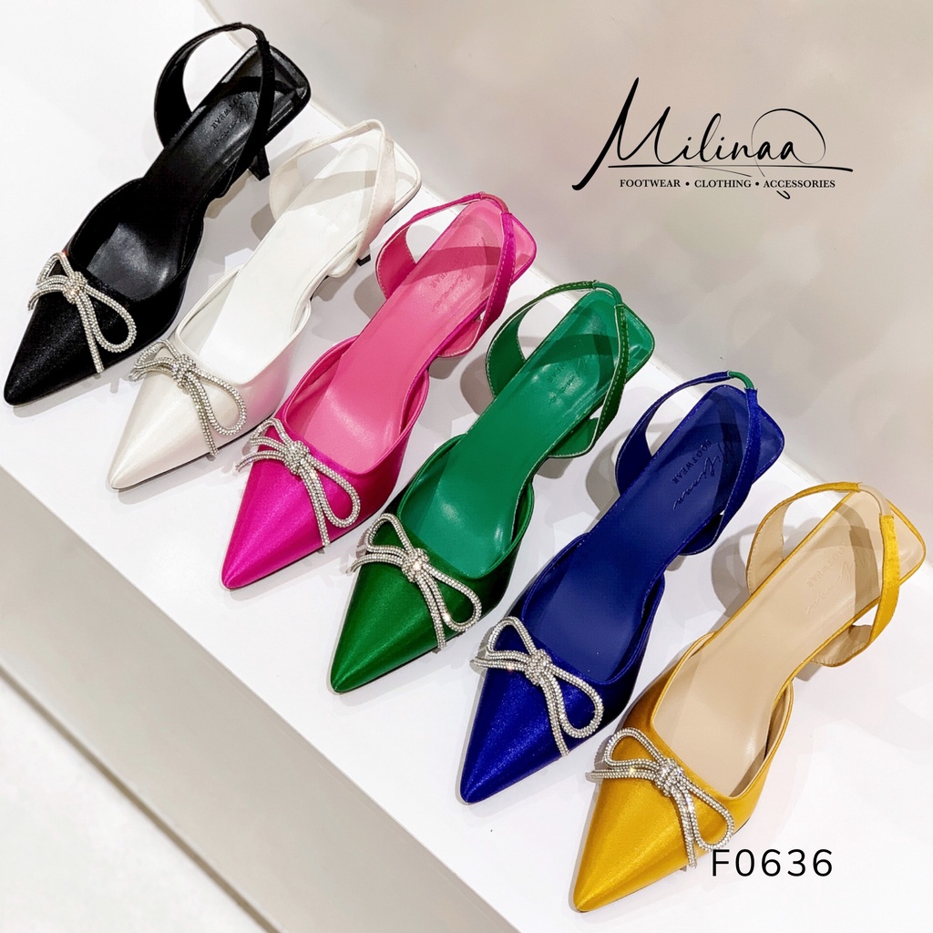 GIÀY CAO GÓT NỮ SLINGBACK GÓT NHỌN 5P BÍT MŨI SATIN PHỐI NƠ XOÀN HỞ GÓT F0636