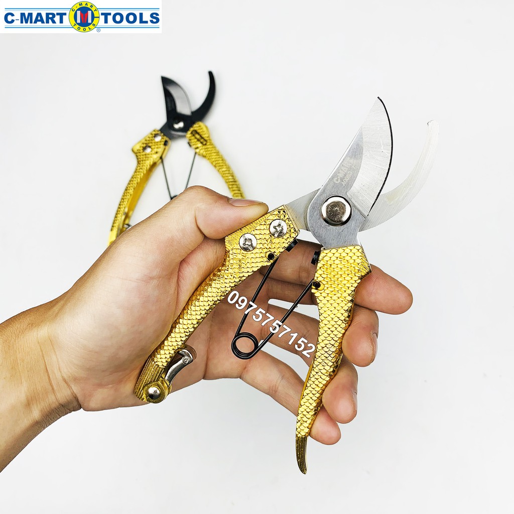 Bộ 2 kéo cắt cành lưỡi thép không gỉ C-Mart, cán hợp kim Carbon cứng vẩy rồng vàng