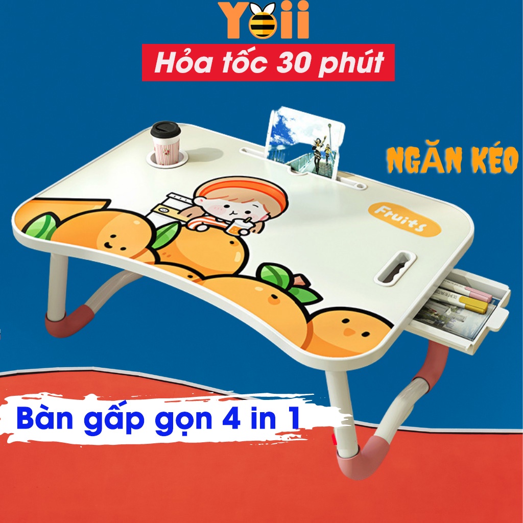 Bàn học gấp gọn cao cấp, có khe cắm ipad và ngăn kéo, chỗ để cốc nước thông minh. bề mặt in 3d chống bụi