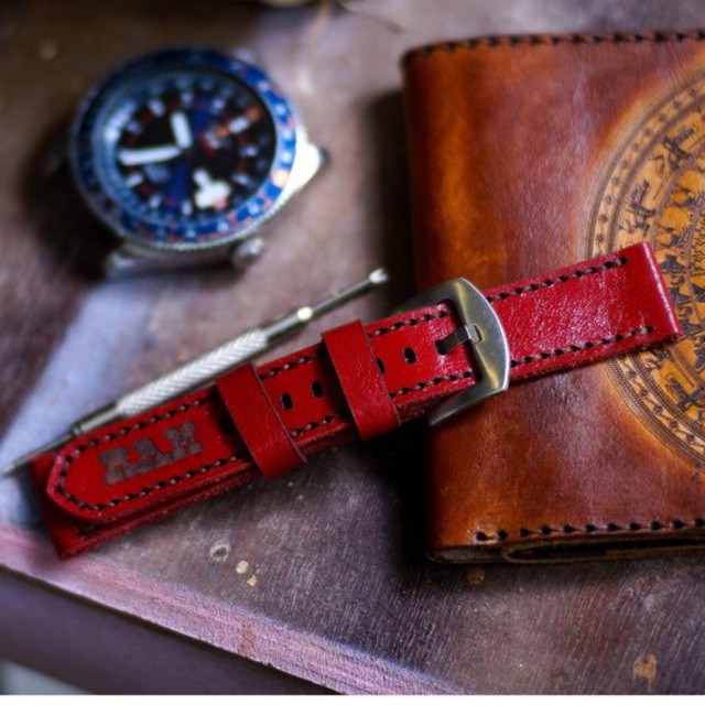 Dây đồng hồ RAM Leather Classic 1982 da bò thật đỏ đủ size - tặng khóa chốt và cây thay dây