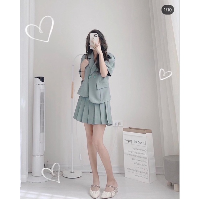 Set ( có bigsize )  vest xanh pastel áo lệch phối chân váy xếp ly