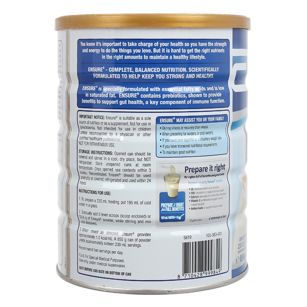 SỮA BỘT ENSURE ÚC VANILLA/CHOCOLATE 850G